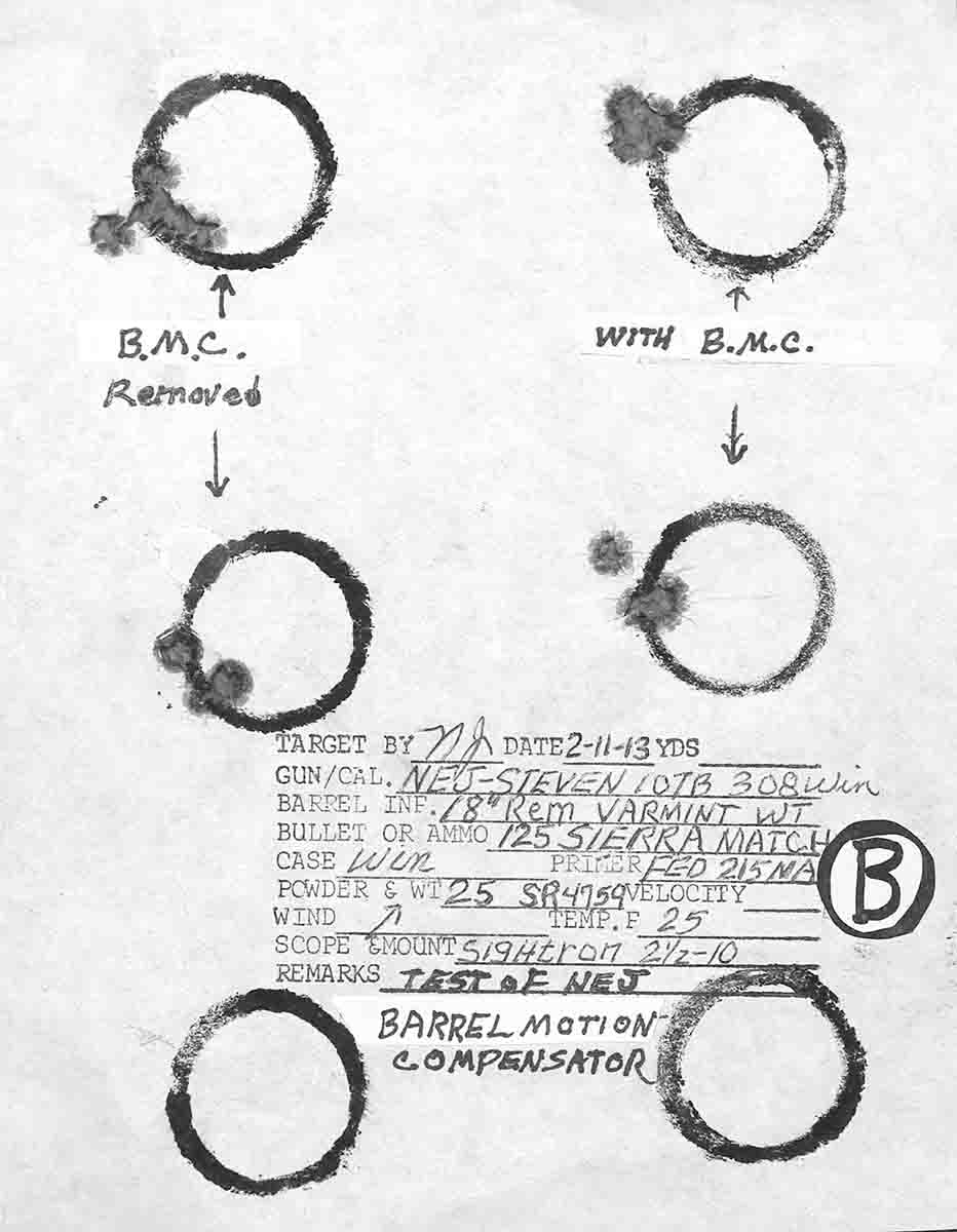 Target B, shot with a .308 Winchester, showed improved accuracy, and bullet point-of-impact changed as the BMC was adjusted.